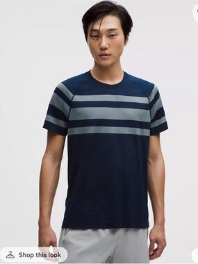 Lululemon Metal Vent Tech Short Sleeve Shirt Mens SZ L League Stripe Club Blue